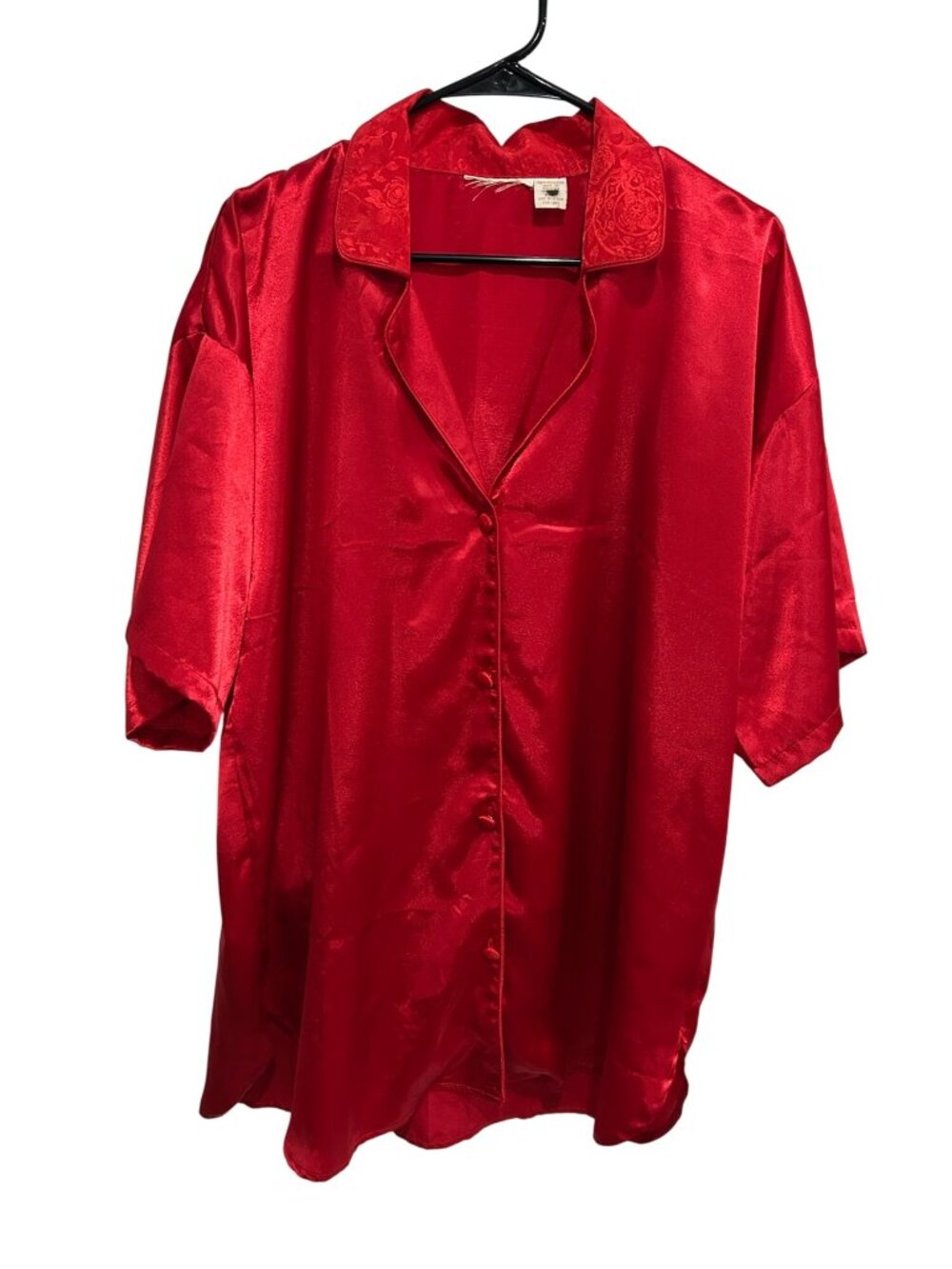 Vintage Red Satin Short Sleeve Button Up Nightshirt Size M Sleepwear Loungewear